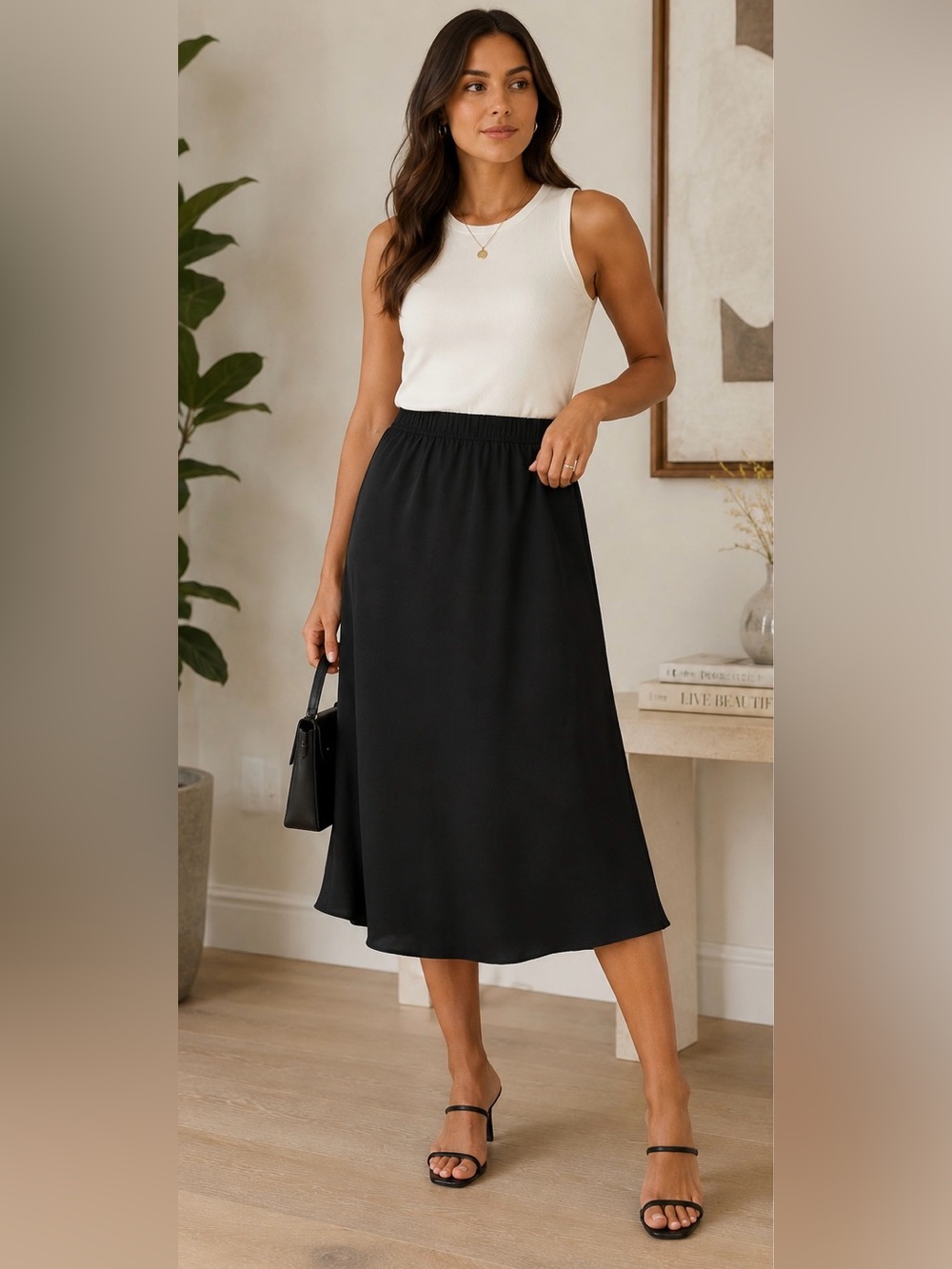 Vince Camuto Black Midi A-Line Skirt Elastic Waist NWT Medium